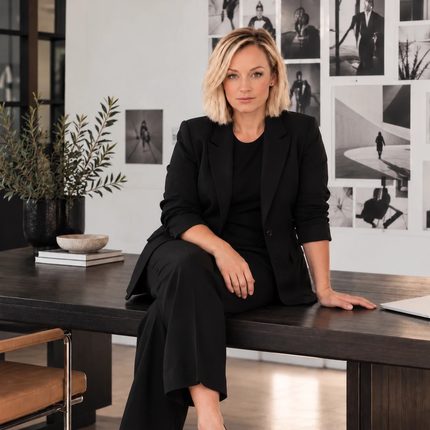 Rachael Leigh, founder of Token Millennial, seated on the edge of a dark wood desk in a black suit, in front of a wall of framed black and white photographs.